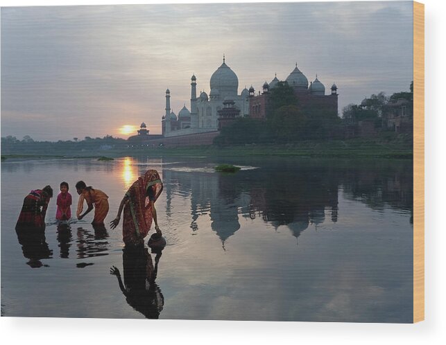 Tranquility Wood Print featuring the photograph Local People Collecting Water By The by Peter Adams