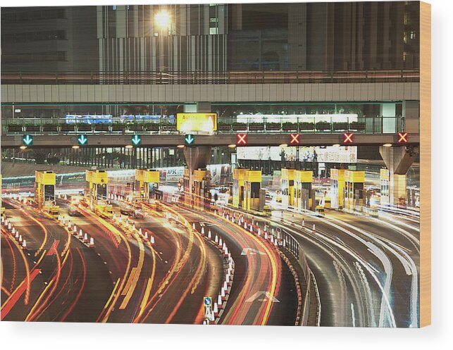 Traffic Cone Wood Print featuring the photograph Long Exposure Of Toll Plaza by Thank You For Choosing My Work.