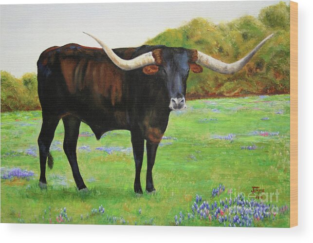 Longhorn Wood Print featuring the painting Longhorn in Bluebonnets by Jimmie Bartlett