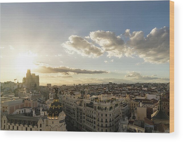 Georgia Mizuleva Wood Print featuring the photograph Madrid Cityscape from Above - Sundowner Time Over the Rooftops by Georgia Mizuleva