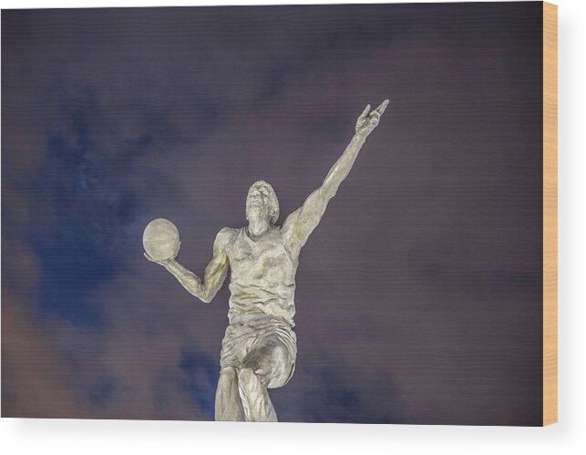 Magic Wood Print featuring the photograph Magic Johnson Statue at Blue Hour by John McGraw