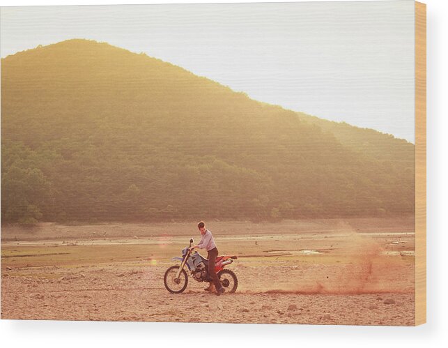 Dust Wood Print featuring the photograph Man Riding Dirt-bike In Dress Shirt And by Greg Samborski