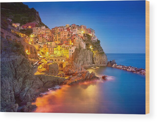 Cityscape Wood Print featuring the photograph Manarola At Evening Night, Cinque Terre by Jan Wlodarczyk