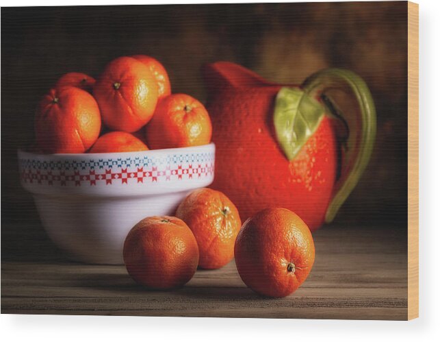 Oranges Wood Print featuring the photograph Mandarin Oranges and Orange Shaped Pitcher by Tom Mc Nemar