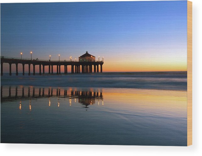 Manhattan Beach Wood Print featuring the photograph Manhattan Beach Pier In Nighfall by Ekash