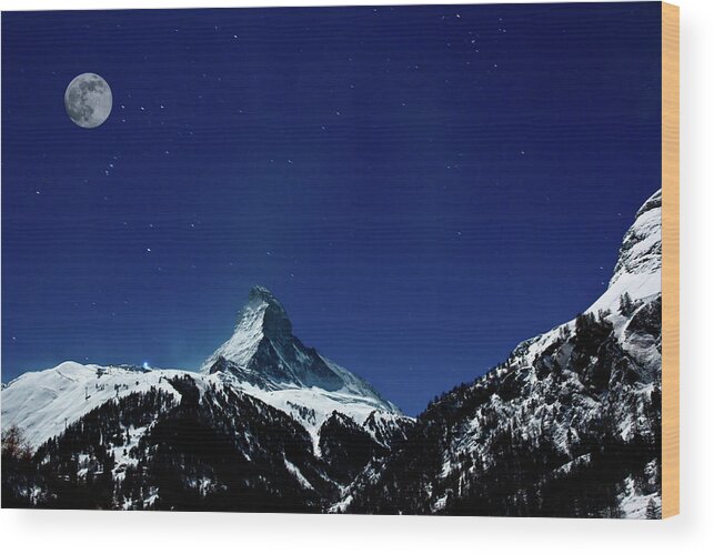 Scenics Wood Print featuring the photograph Matterhorn Switzerland Blue Hour by Maria Swärd