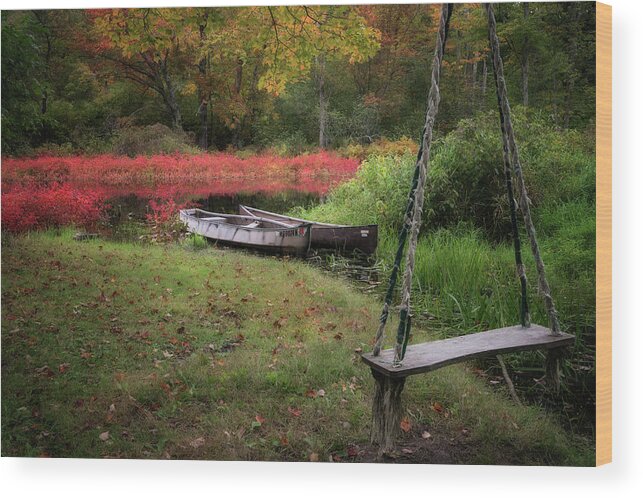 #fall#colors#autumn#canoes#swing#maine#landscape Wood Print featuring the photograph Memories of Summer by Darylann Leonard Photography