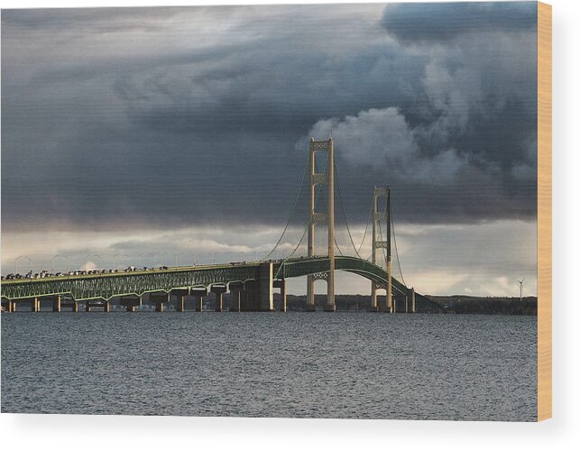 Mackinac Bridge Wood Print featuring the photograph Mighty Mac over the Straits of Mackinac by Bill Swartwout