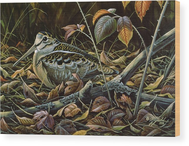 Woodcock In The Leaves Wood Print featuring the painting Migration Stop - Woodcock by Wilhelm Goebel
