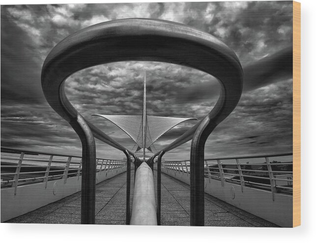 Milwaukee Wood Print featuring the photograph Milwaukee Art Museum by Santiago Calatrava - framed by walkway railing by Peter Herman