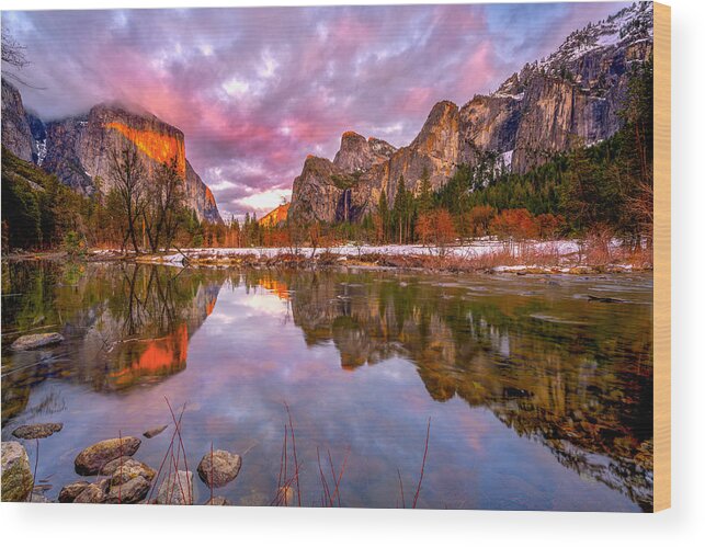 Yosemite National Park
Valley View
Sunset
Reflection
Lake Reflection
Yosemite
Clouds
Yosemite Valley View Sunset Wood Print featuring the photograph Mirror World by Sophia Li