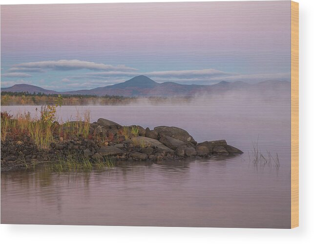 Misty Wood Print featuring the photograph Misty Autumn Lakeside Sunrise by White Mountain Images