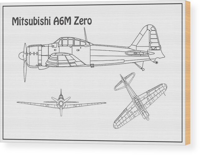 A6m Zero Wood Print featuring the drawing Mitsubishi A6M Zero - Airplane Blueprint. Drawing Plans for Mitsubishi A6M Reisen, Rei-sen or Zeke by SP JE Art