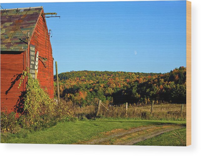 Vermont Red Barn Wood Print featuring the photograph Moon rise over Vermont foliage on the farm by Jeff Folger