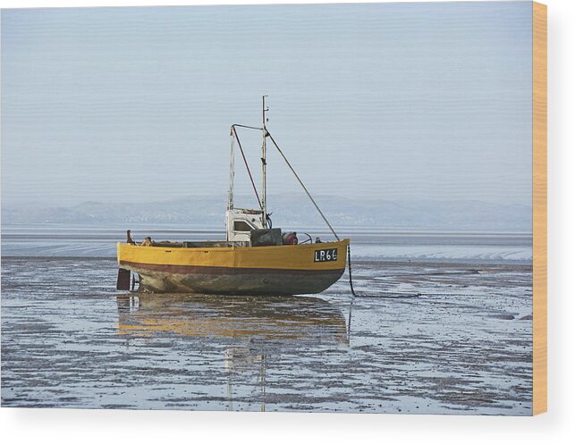 Morecambe Bay Wood Print featuring the photograph MORECAMBE. Yellow Fishing Boat. by Lachlan Main