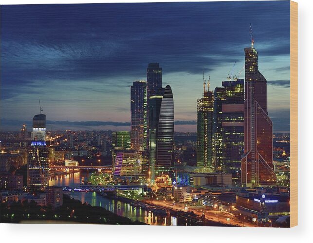 Tranquility Wood Print featuring the photograph Moscow City At Sunset by Vladimir Zakharov