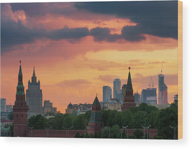 Outdoors Wood Print featuring the photograph Moscow Skyline At Dusk by Jon Hicks