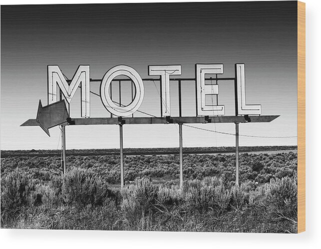 Motel Sign Wood Print featuring the photograph Motel Nowhere in Black and White by Mark Kiver