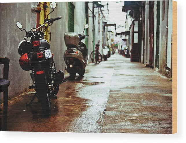 Macao Wood Print featuring the photograph Motorbikes In Alley by Flash Parker