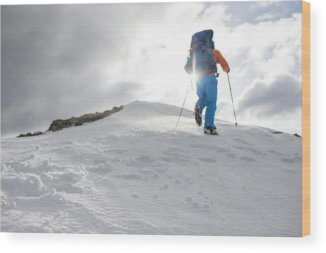 Ski Pole Wood Print featuring the photograph Mountaineer Ascends Towards Snow Summit by Ascent Xmedia