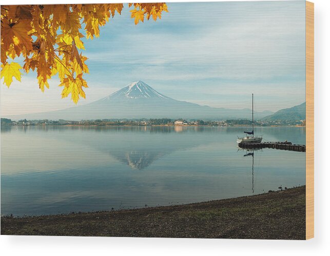 Landscape Wood Print featuring the photograph Mt Fuji With Autumn Foliage At Lake by Prasit Rodphan