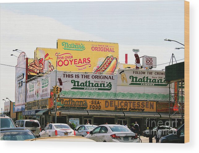 Coney Island Wood Print featuring the photograph Nathans Famous Hot Dog by Doc Braham