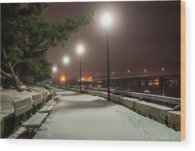 Newburyport Wood Print featuring the photograph Newburyport MA Snowstorm at night Merrimac River Lights by Toby McGuire