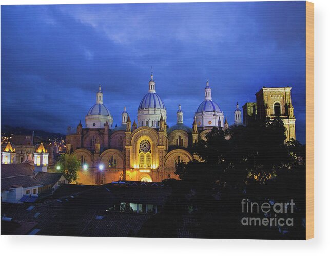 Domes Wood Print featuring the photograph Night View Of Immaculate Conception Cathedral, Cuenca, Ecuador by Al Bourassa