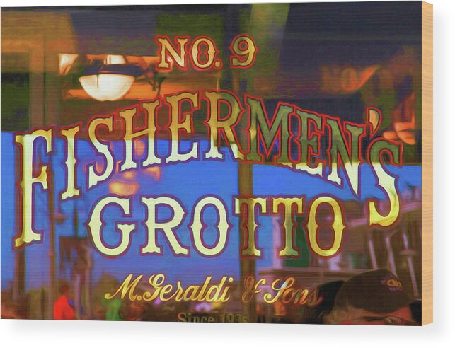 Fishermens Grotto Window Signage Wood Print featuring the photograph No. 9 Fishermens Grotto Window Signage by Bonnie Follett