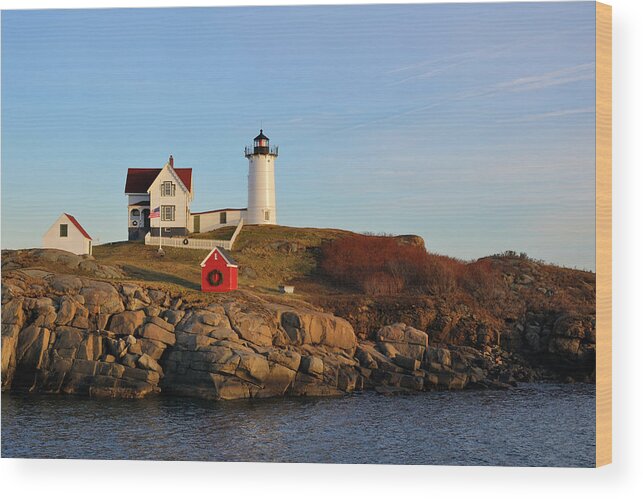 Nubble Lighthouse Wood Print featuring the photograph Nubble Lighthouse with Holiday Decorations by Luke Moore