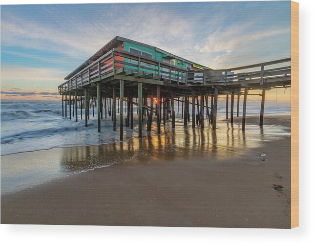 Sunrise Wood Print featuring the photograph OBX Pier Sunrise by Donna Twiford