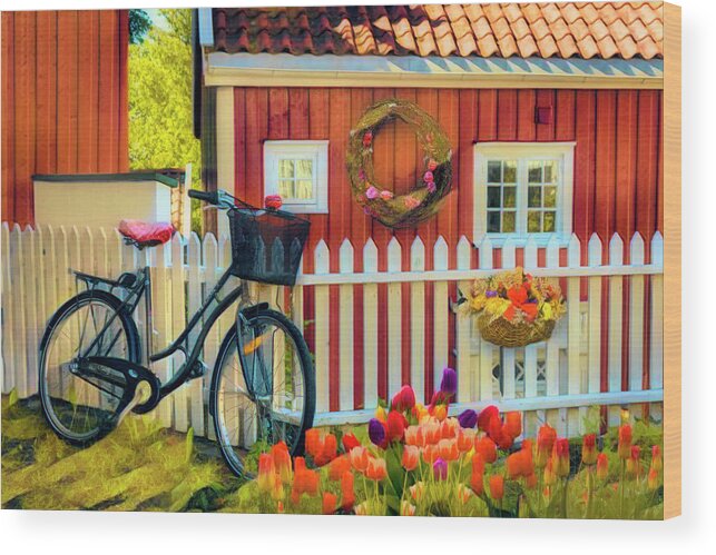 Fence Wood Print featuring the photograph Old Bicycle in the Garden in Watercolors by Debra and Dave Vanderlaan