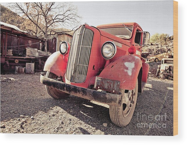 Truck Wood Print featuring the photograph Old Red Truck Jerome Arizona by Edward Fielding