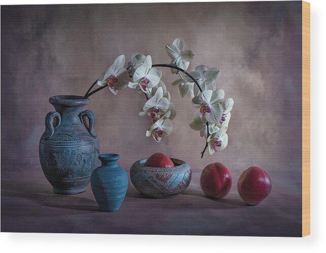 Orchid Wood Print featuring the photograph Orchid And Nectarine by Lydia Jacobs