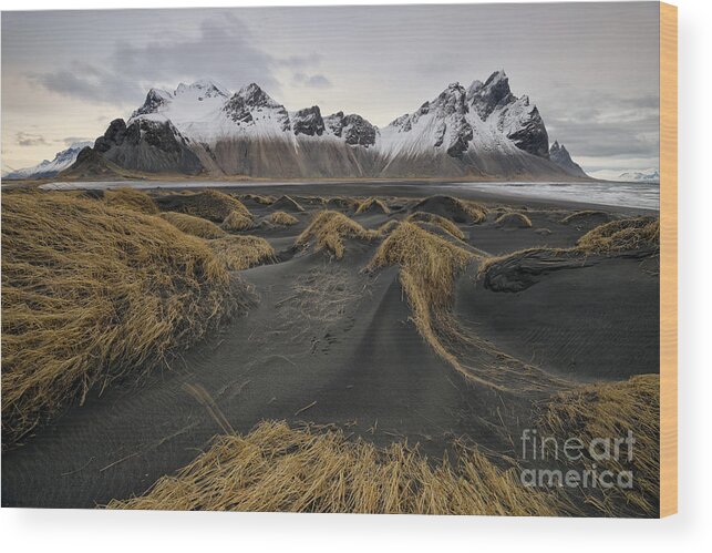 Vestrahorn Wood Print featuring the photograph Black Sand Dunes and Snowy Vestrahorn Mountains by Tom Schwabel
