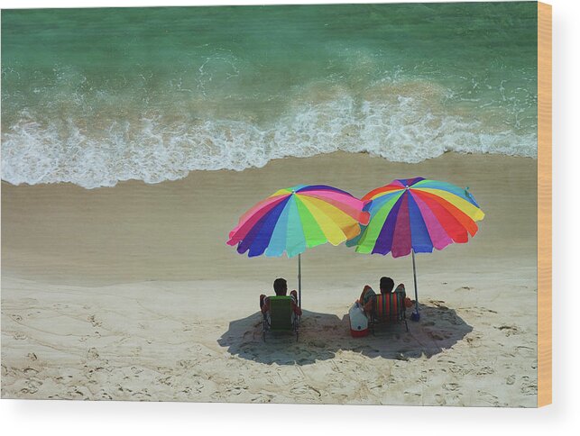 People Wood Print featuring the photograph Pair Of Beach Umbrellas by Dlewis33