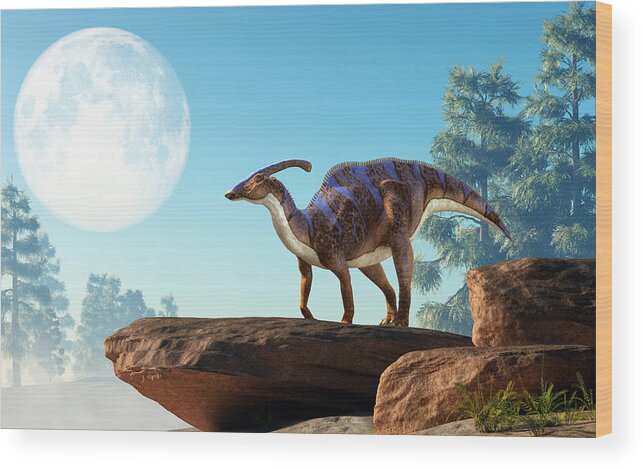 Parasaurolophus Wood Print featuring the digital art Parasaurolophus on a Rock Under the Moon by Daniel Eskridge