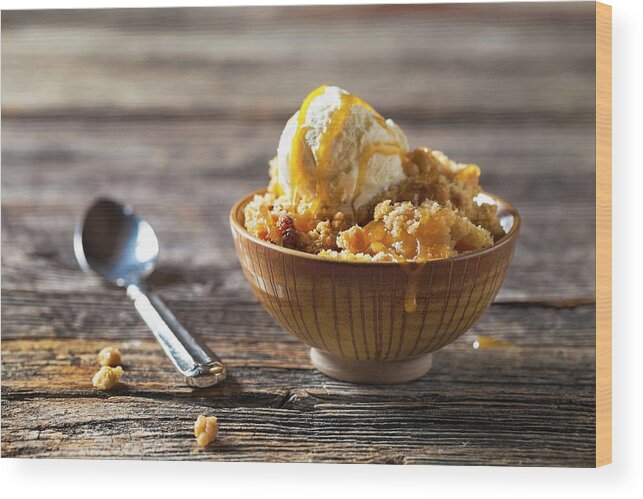 Ip_11442299 Wood Print featuring the photograph Peach Cobbler With Vanilla Ice Cream And Caramel Sauce by George Crudo