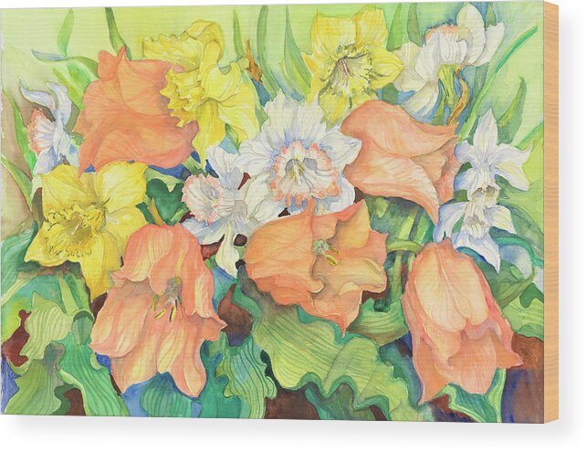 Tulips And Daffodils Watercolor Wood Print featuring the painting Peach Tulips & Daffodils by Joanne Porter