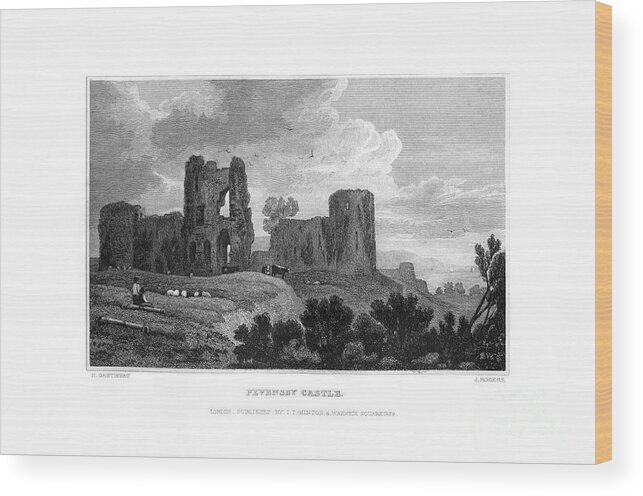East Wood Print featuring the drawing Pevensey Castle, Pevensey, East Sussex by Print Collector