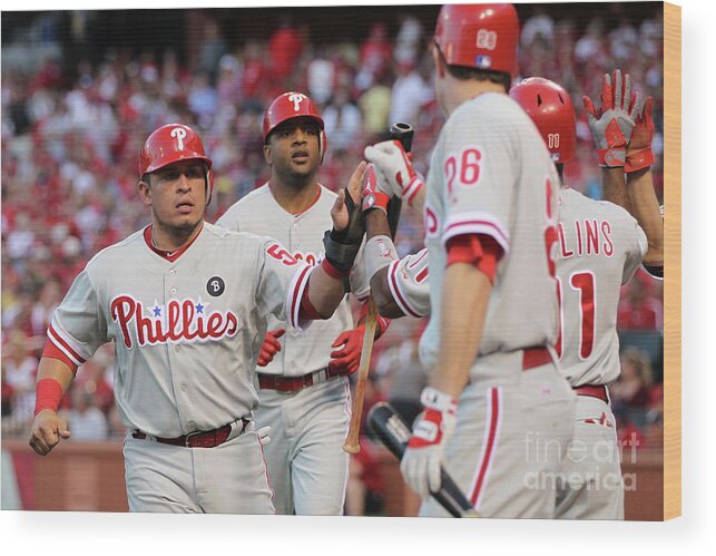 Carlos Ruiz Wood Print featuring the photograph Philadelphia Phillies V St Louis by Jamie Squire