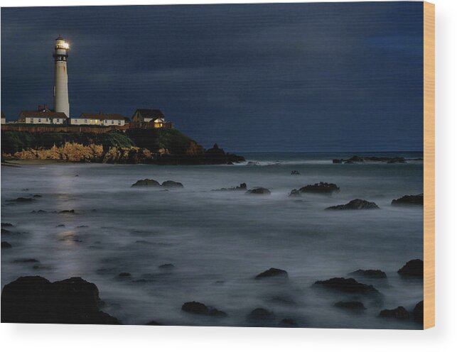 Tranquility Wood Print featuring the photograph Pigeon Point Lighthouse At Night by Mitch Diamond
