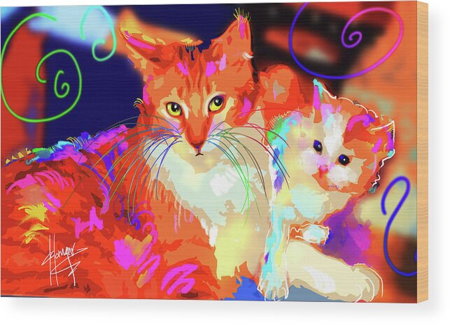 Goldie Wood Print featuring the painting pOpCats Mama Goldie and her son Pitzel by DC Langer