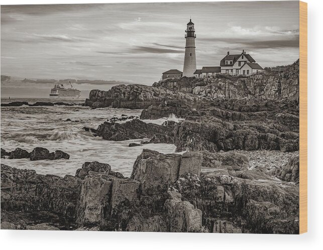 America Wood Print featuring the photograph Portland Head Light - Cape Elizabeth Maine in Sepia by Gregory Ballos