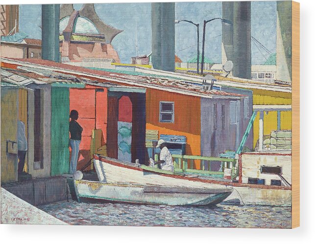 Potters Cay Drama Wood Print featuring the painting Potters Cay Drama by Ritchie Eyma