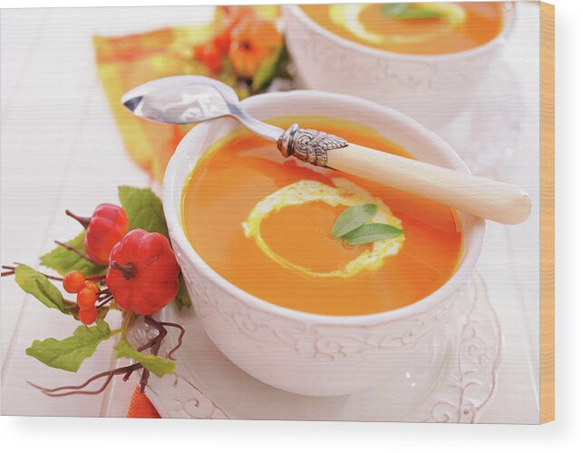 Event Wood Print featuring the photograph Pumpkin Soup With Creme Fraiche by Moncherie