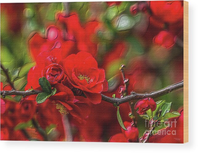 Spring Wood Print featuring the mixed media Quince Branch Painterly by Jennifer White