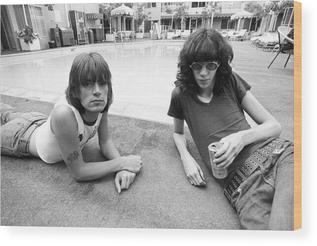 Punk Music Wood Print featuring the photograph Ramones Lounging Poolside by Michael Ochs Archives