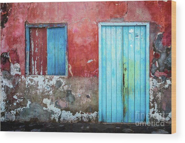 Wall Wood Print featuring the photograph Red, blue and grey wall, door and window by Lyl Dil Creations