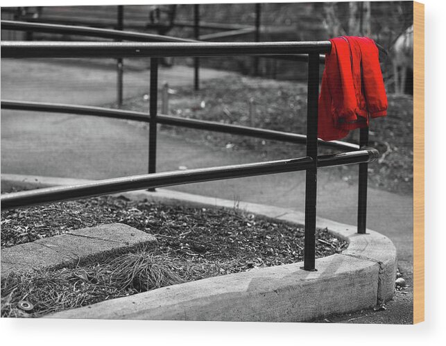 Black And White Wood Print featuring the photograph Red Jacket by Dennis Dame